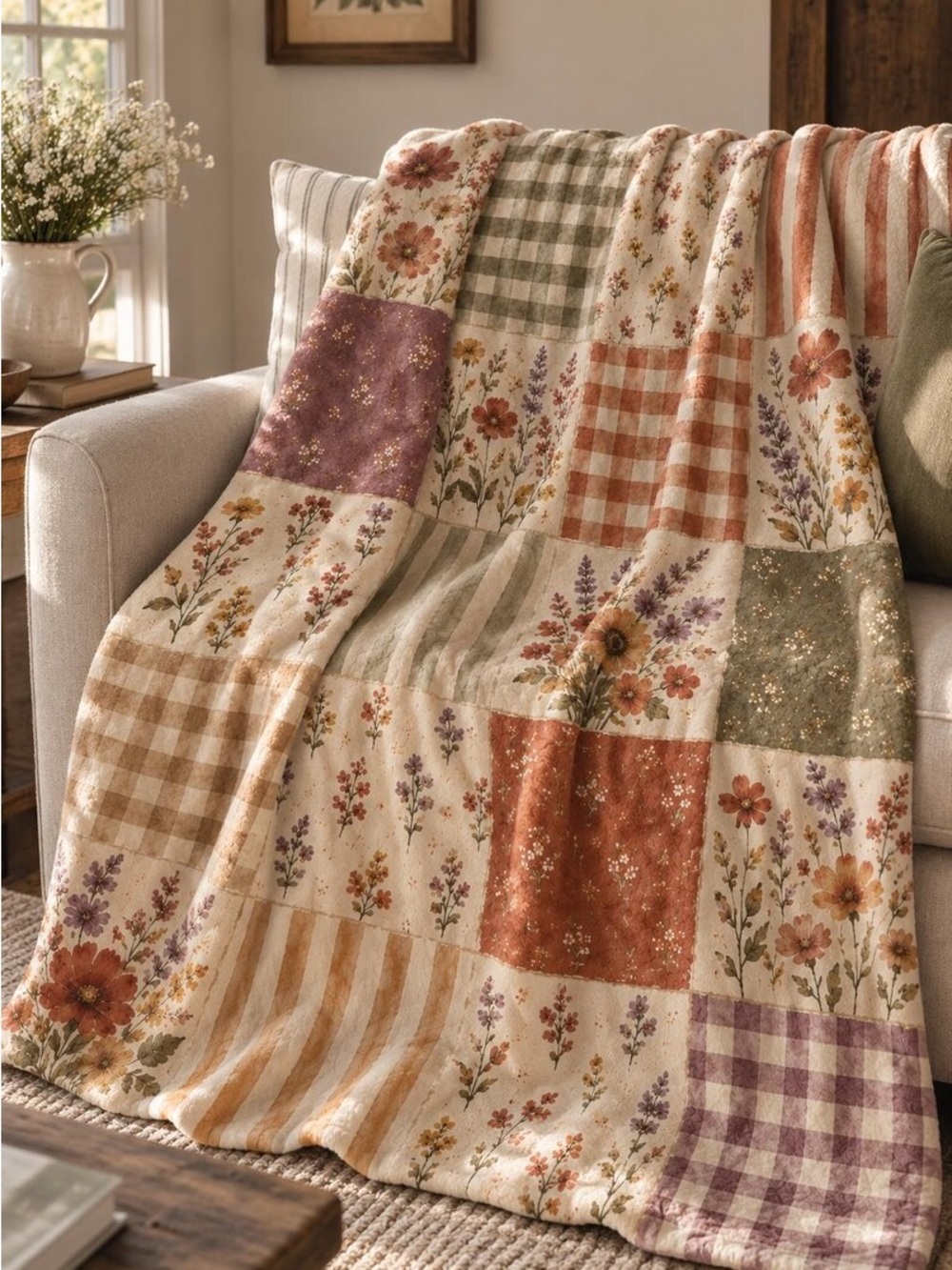 Cozy Patchwork Floral Throw Blanket - Cream, Rust & Lavender